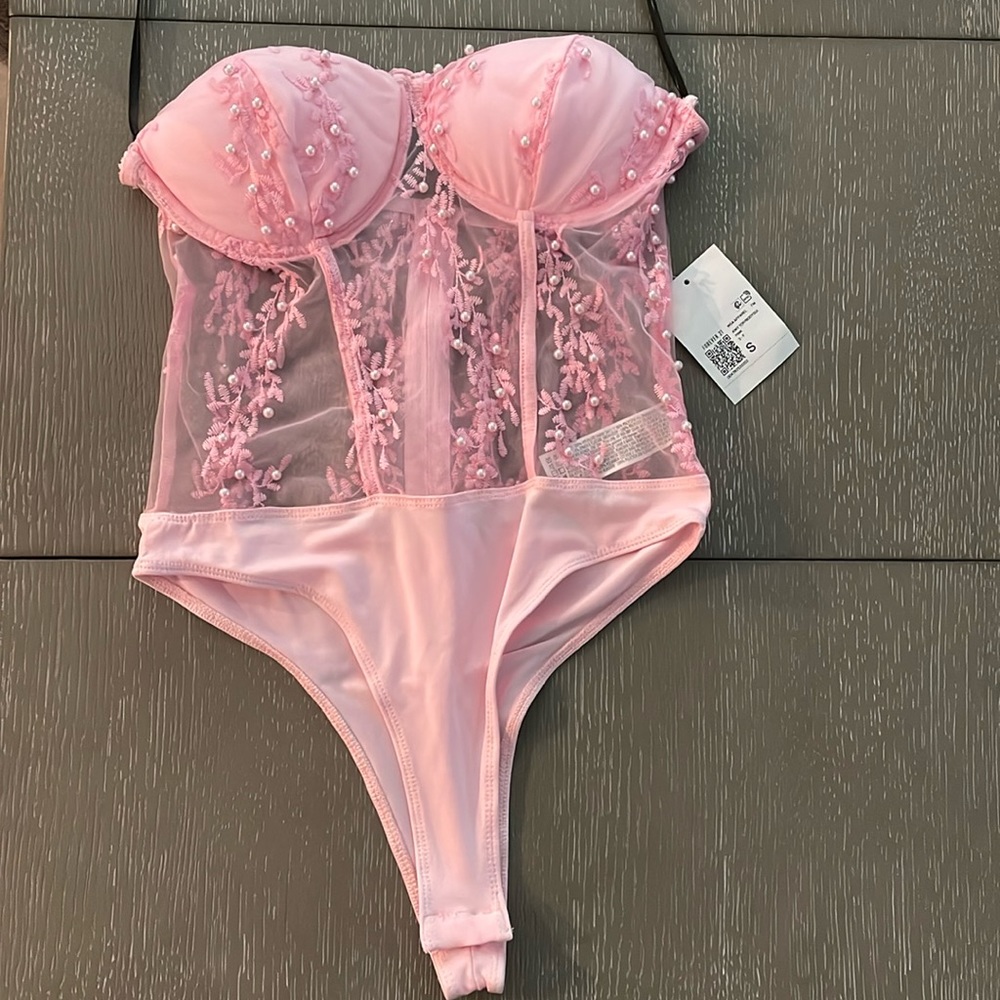 Faux pearl mesh bustier bodysuit